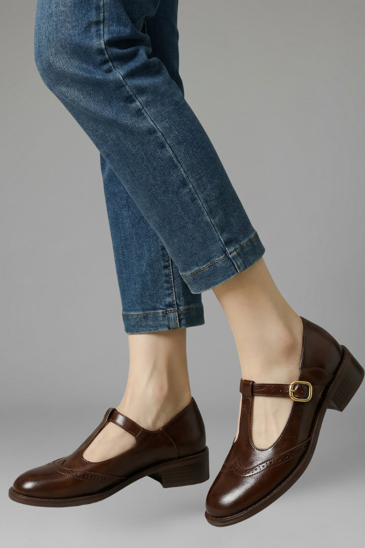 Romy | Women's Comfort Slip-On Mary Jane Shoes with T Strap Closure for Everyday Wear Flats — Brown