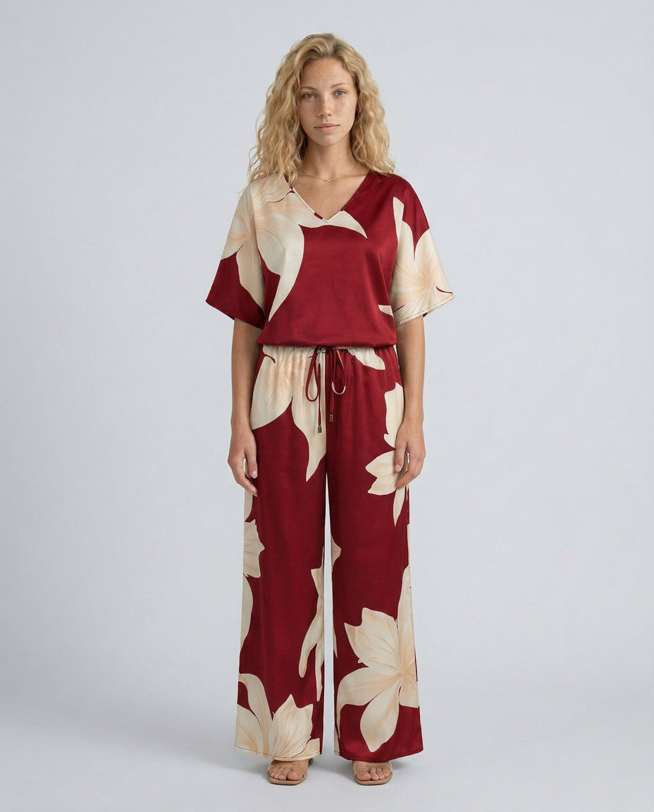 Rosa | Women's Elegant Floral Print Jumpsuit with Wide-Leg Trousers — Red