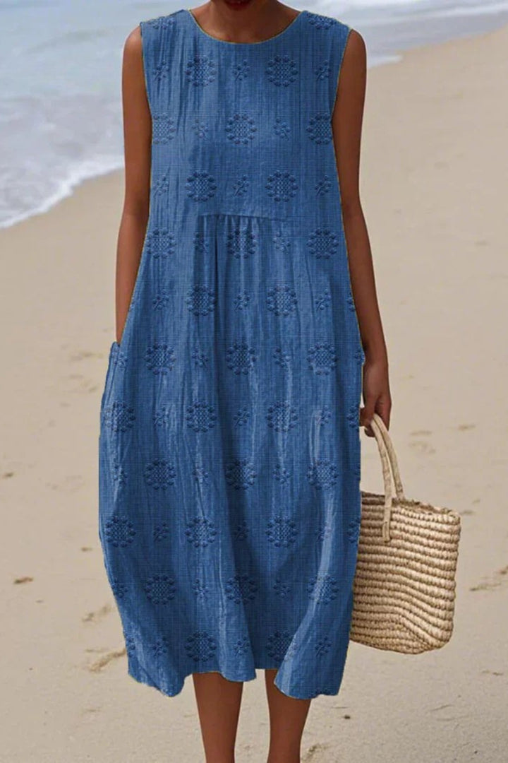 Rosabelle | Women's Elegant Embroidered Sleeveless Midi Dress — Blue