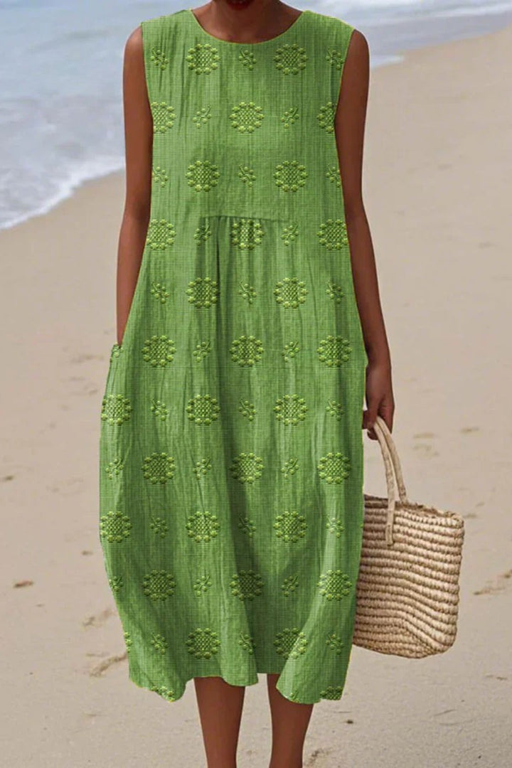 Rosabelle | Women's Elegant Embroidered Sleeveless Midi Dress — Green