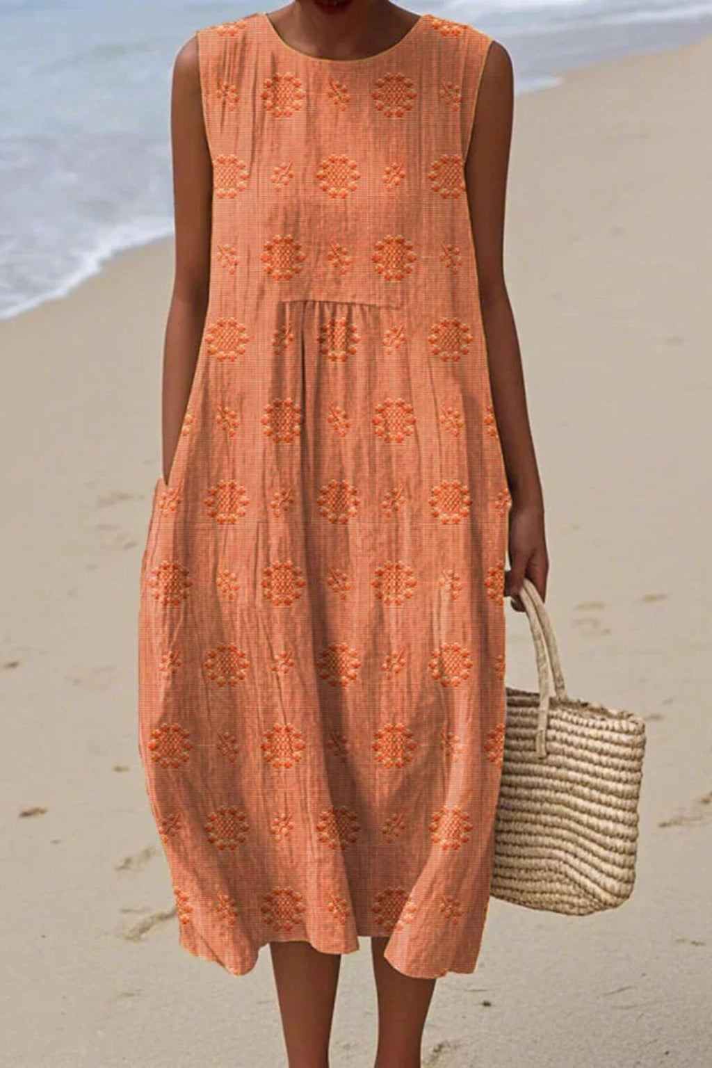 Rosabelle | Women's Elegant Embroidered Sleeveless Midi Dress — Orange