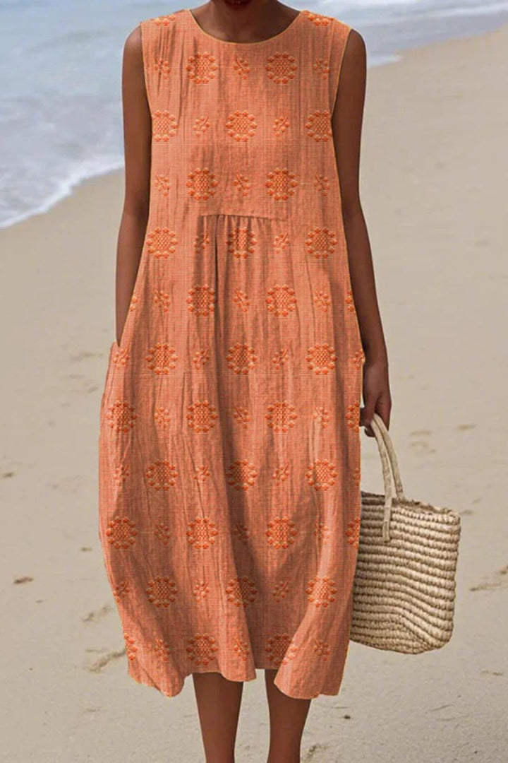 Rosabelle | Women's Elegant Embroidered Sleeveless Midi Dress — Orange