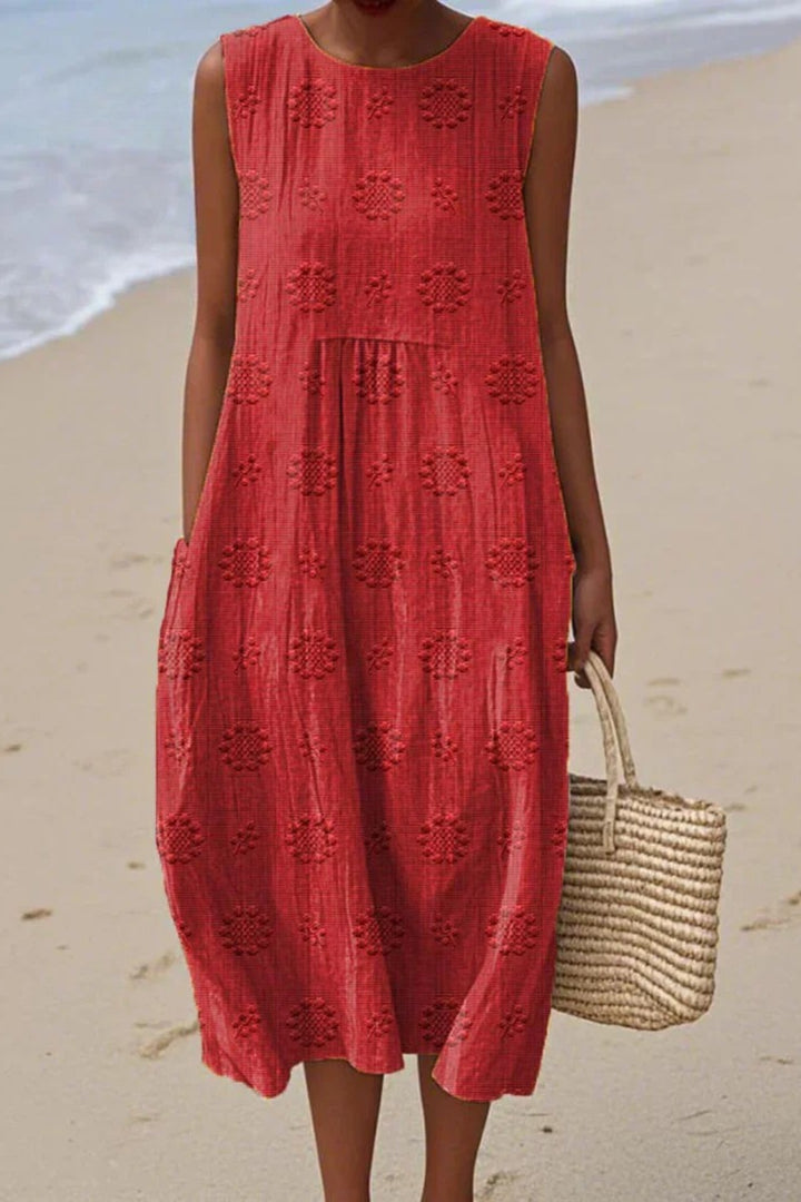 Rosabelle | Women's Elegant Embroidered Sleeveless Midi Dress — Red