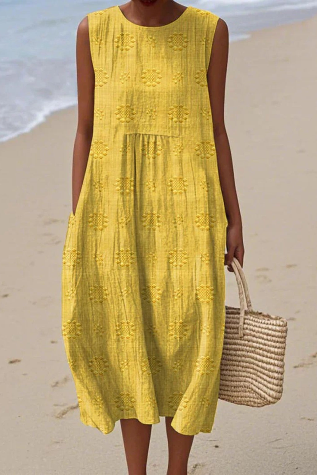 Rosabelle | Women's Elegant Embroidered Sleeveless Midi Dress — Yellow