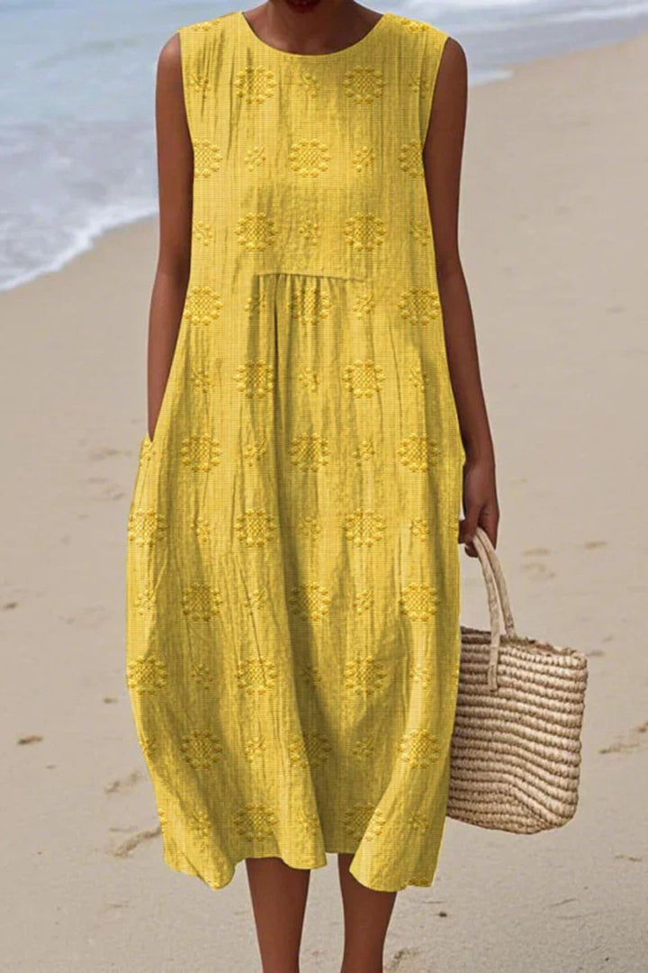 Rosabelle | Women's Elegant Embroidered Sleeveless Midi Dress — Yellow
