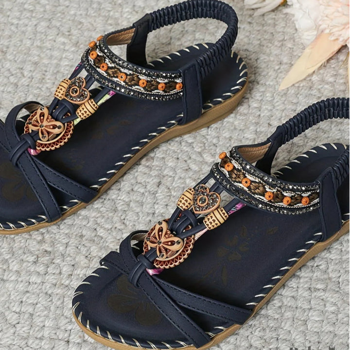 Rosalie | Women's Comfortable Summer Boho Sandals With Beaded Strap Detail — Blue