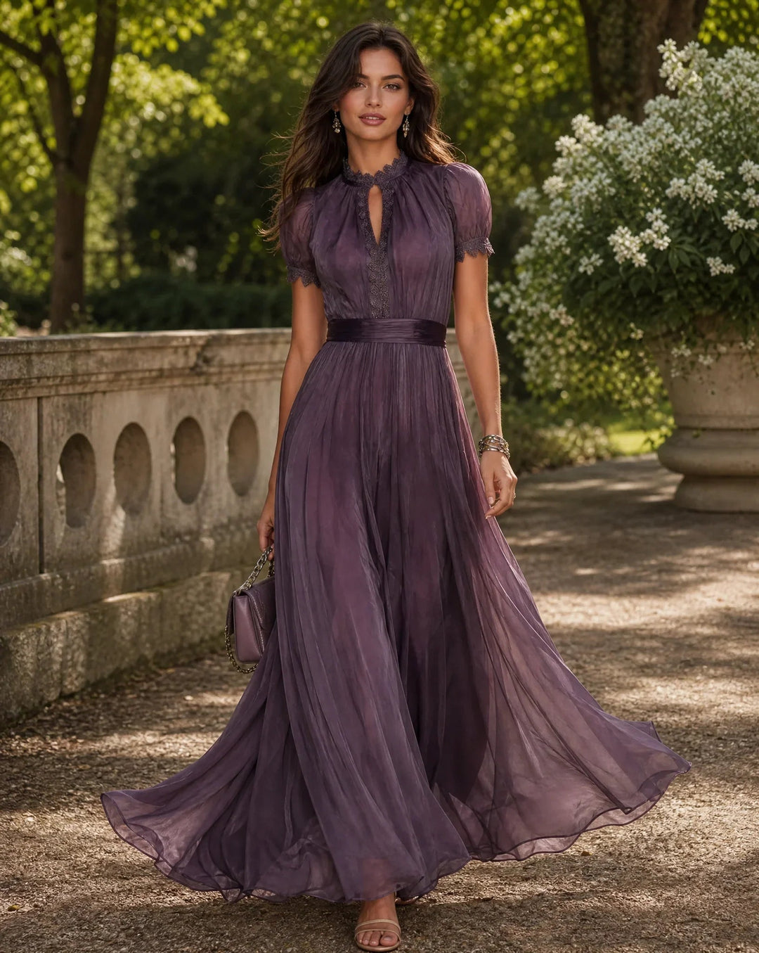 Rosalind | Women's Wedding Guest Elegant Floral Pleated Long Sleeve Maxi Evening Dress Dresses — Purple
