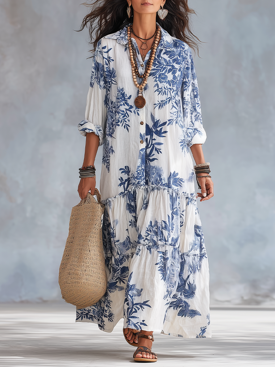 Rosareth | Blue Floral Button-Down Maxi Dress