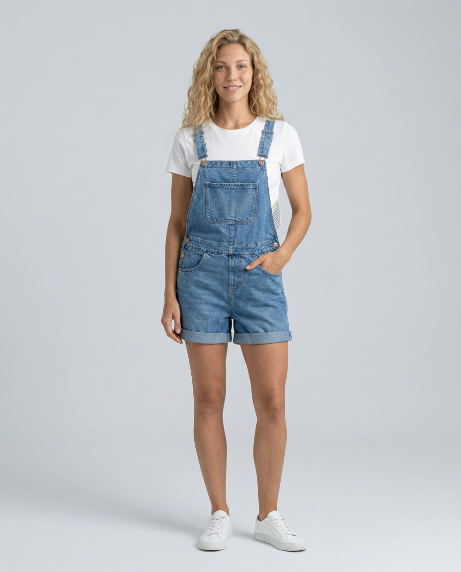 Ruby | Women's High-Waist Denim Short Overalls with Adjustable Straps — Light Blue