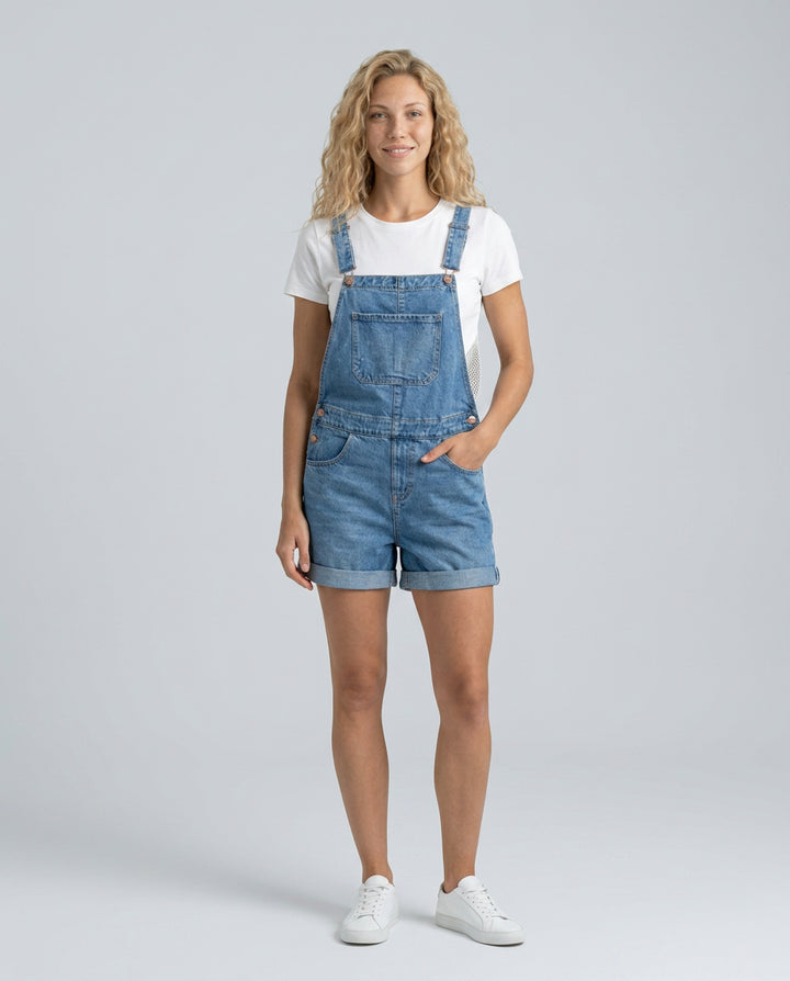 Ruby | Women's High-Waist Denim Short Overalls with Adjustable Straps — Light Blue