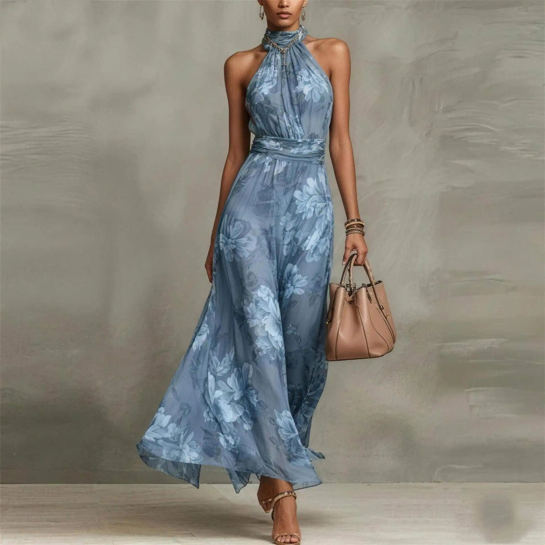 Sabelaine | Women's Elegant Floral Airy Sleeveless Maxi Wedding Guest Dress — Blue