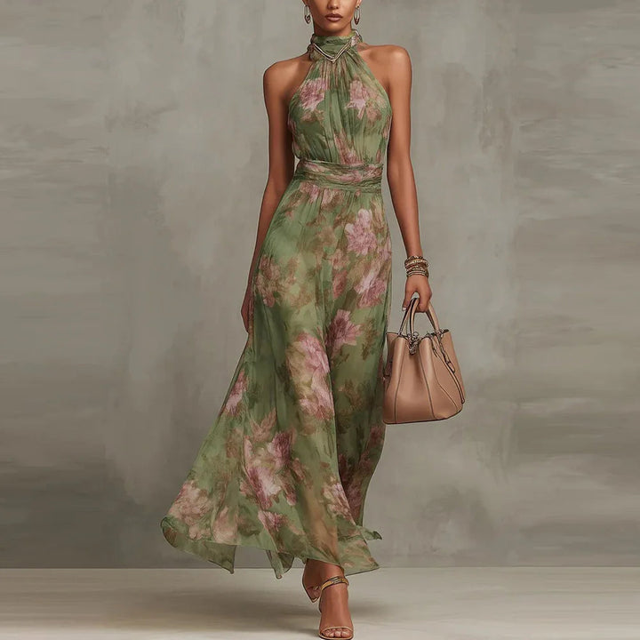 Sabelaine | Women's Elegant Floral Airy Sleeveless Maxi Wedding Guest Dress — Green