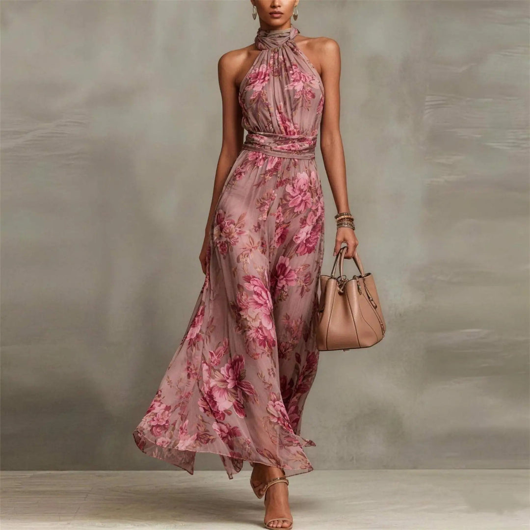 Sabelaine | Women's Elegant Floral Airy Sleeveless Maxi Wedding Guest Dress — Pink