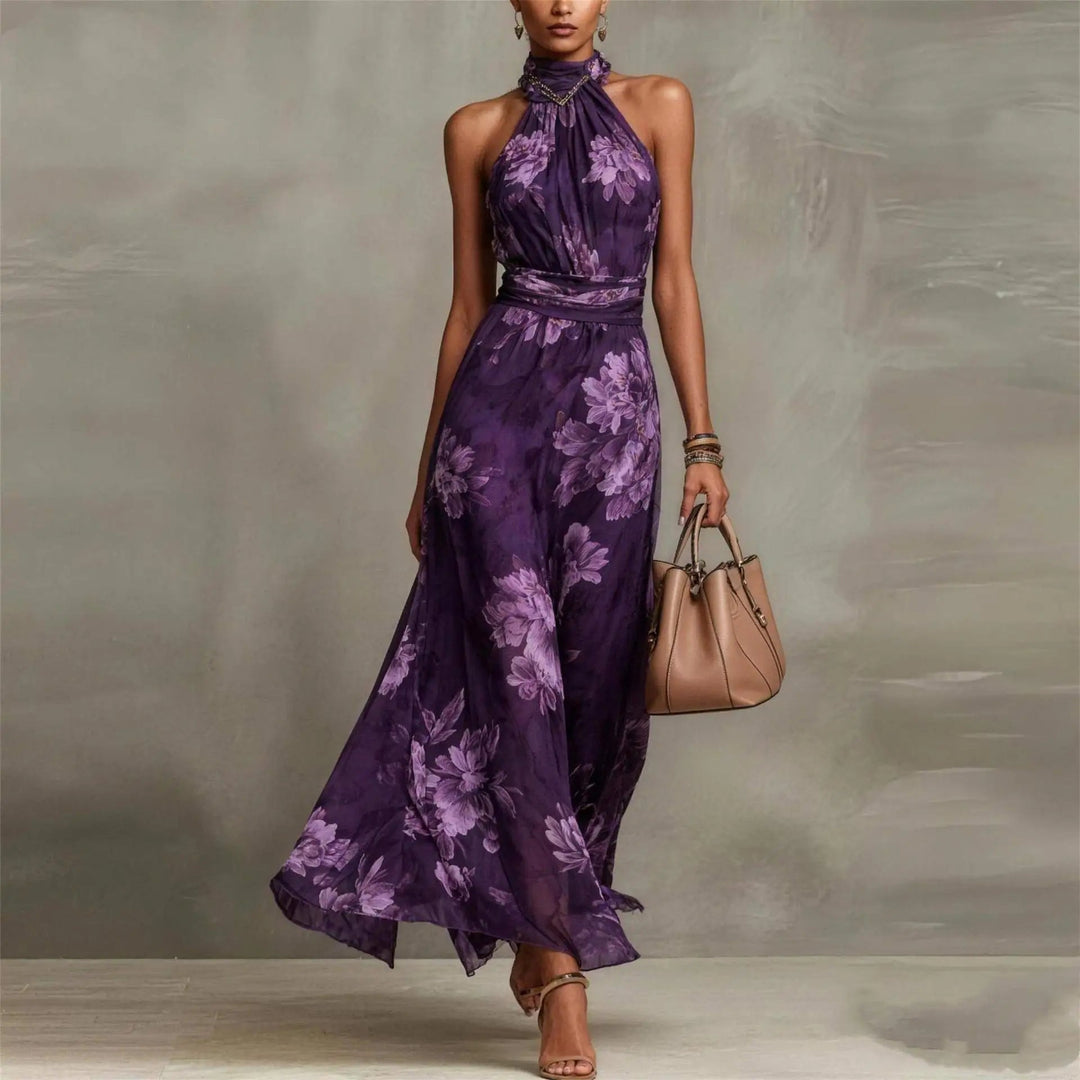 Sabelaine | Women's Elegant Floral Airy Sleeveless Maxi Wedding Guest Dress — Purple