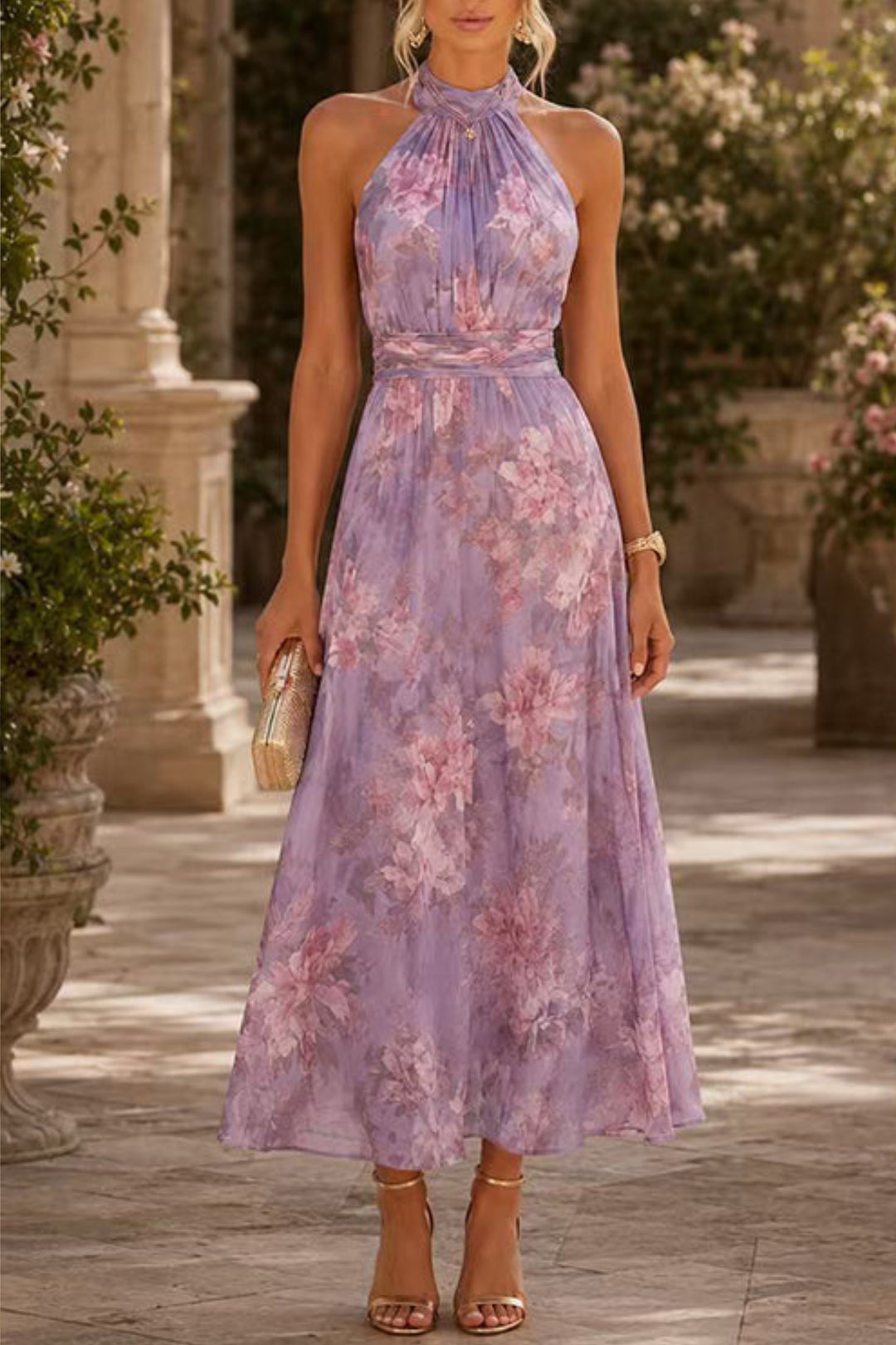 Sableisse | Women's Elegant Waisted Maxi Dress with Flowing Sleeveless Silhouette — Lilac