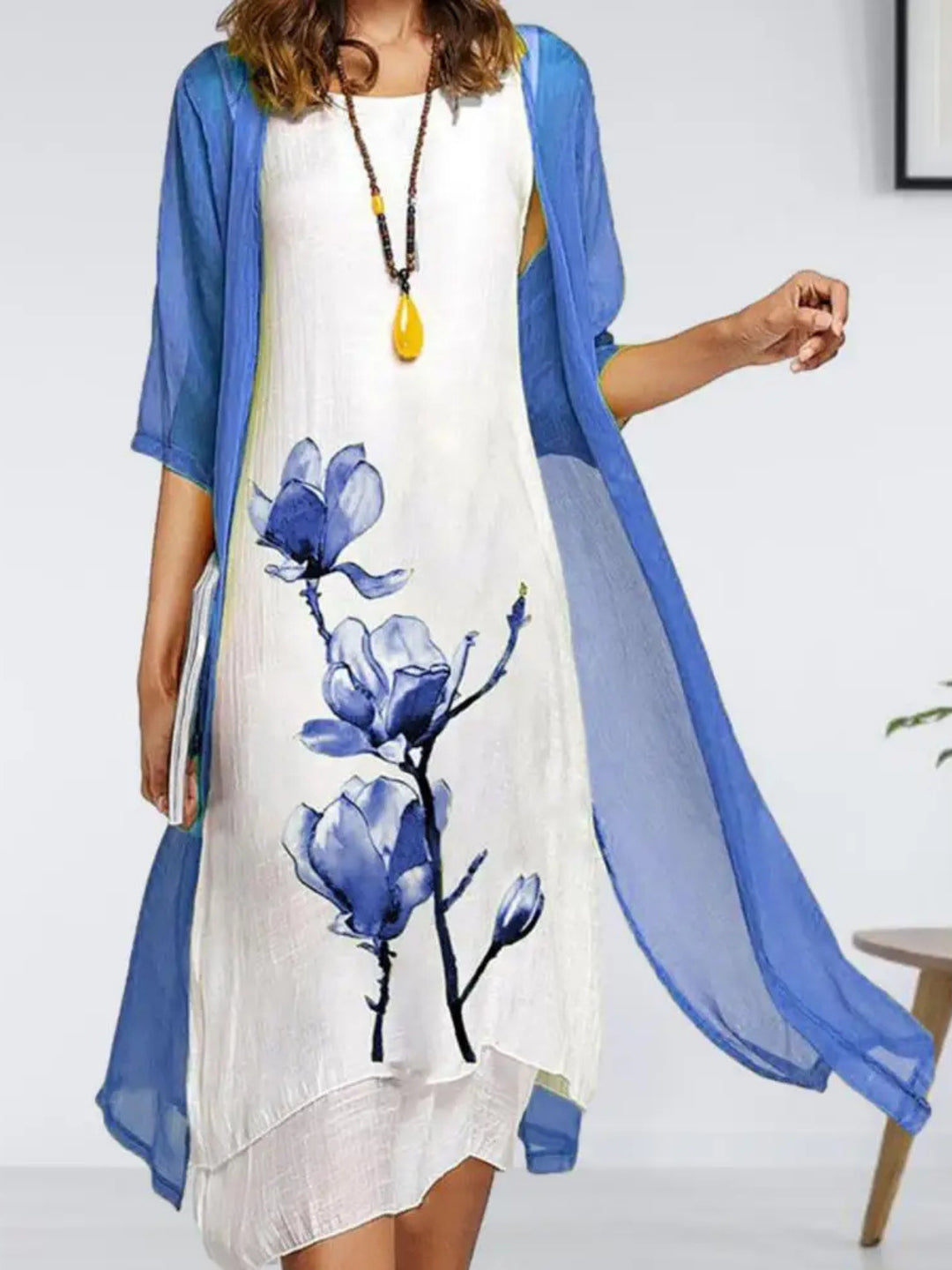 Sablethea | Women's Matching Floral Layered Two-Piece Dress Set — Blue
