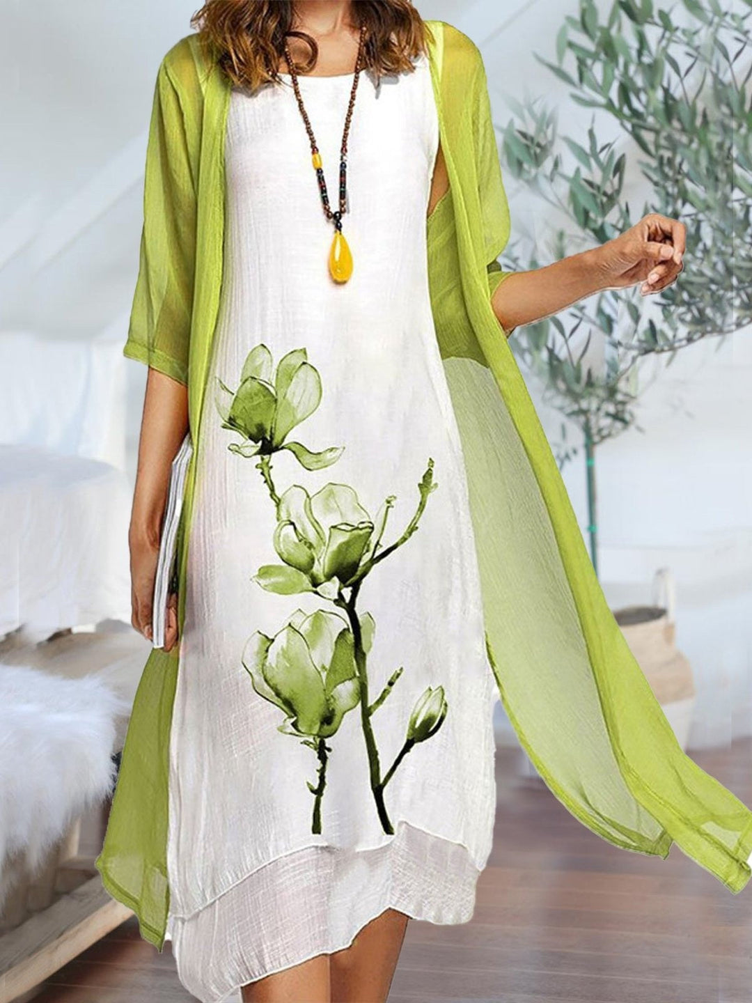 Sablethea | Women's Matching Floral Layered Two-Piece Dress Set — Green