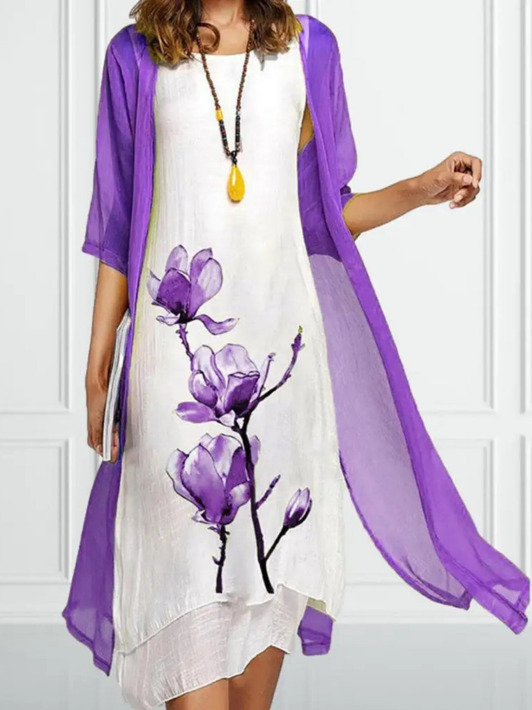 Sablethea | Women's Matching Floral Layered Two-Piece Dress Set — Purple