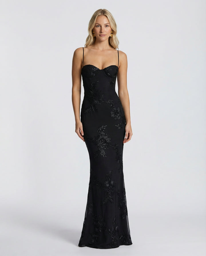 Seletta | Women's Elegant Floral Corset Dress — Black