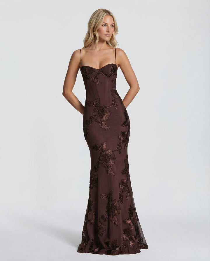 Seletta | Women's Elegant Floral Corset Dress — Brown