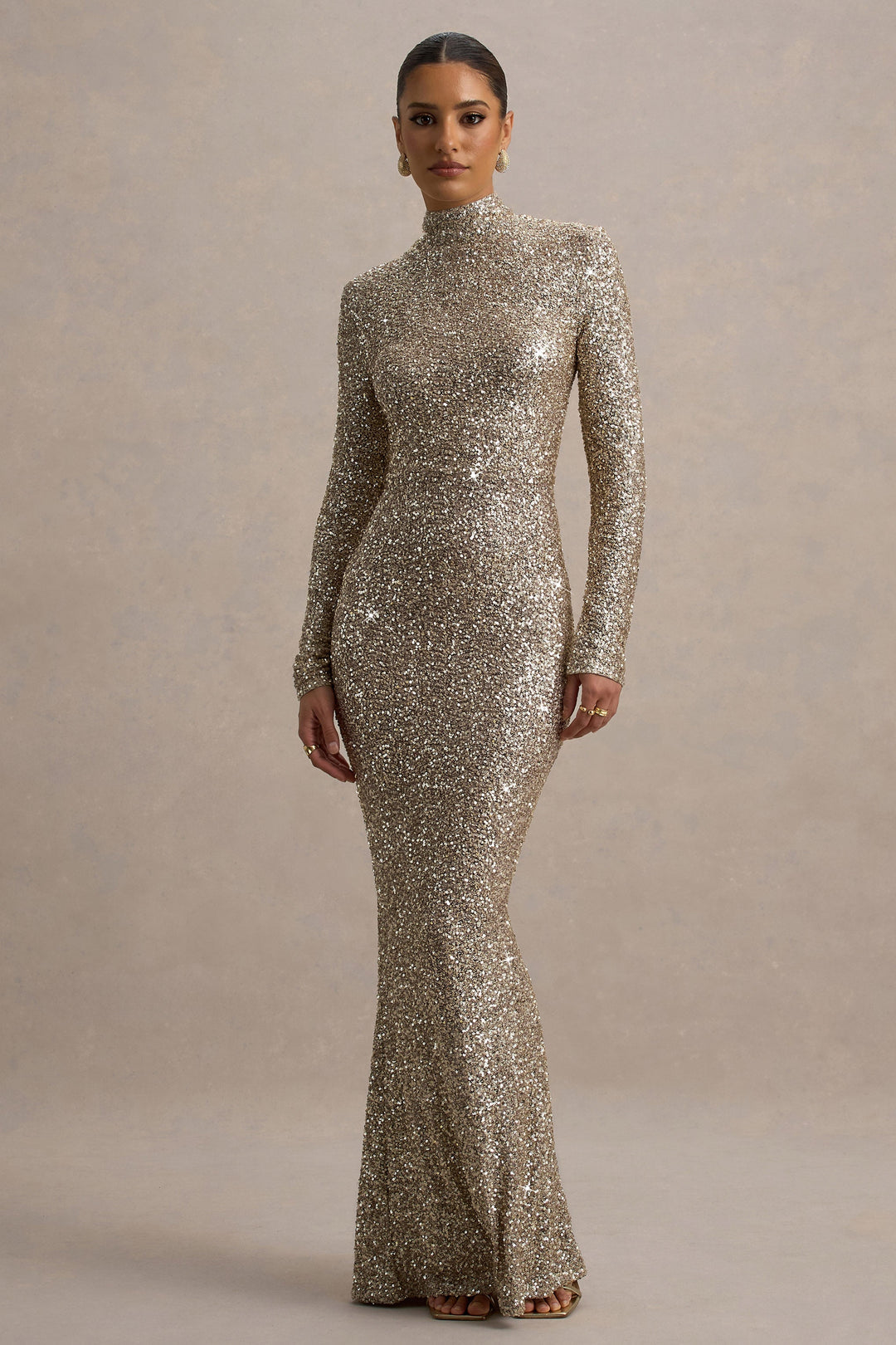 Seraphina | Women's Wedding Guest Elegant Champagnerfarbenes Paillettentop-Maxikleid with Turtleneck and long Dresses — 1