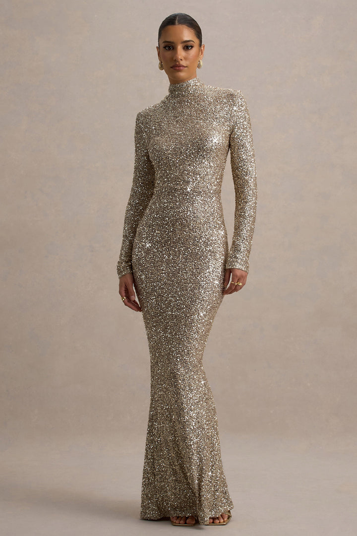Seraphina | Women's Wedding Guest Elegant Champagnerfarbenes Paillettentop-Maxikleid with Turtleneck and long Dresses — 1