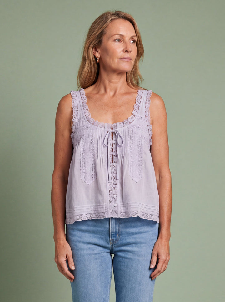 Serenaine | Women's Casual Stretch Lace Trim Tie Front Cami Top — 1