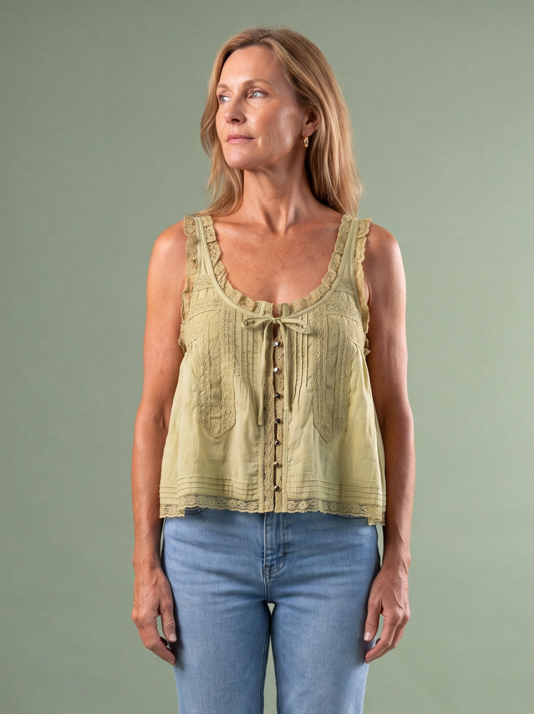 Serenaine | Women's Casual Stretch Lace Trim Tie Front Cami Top — Sage