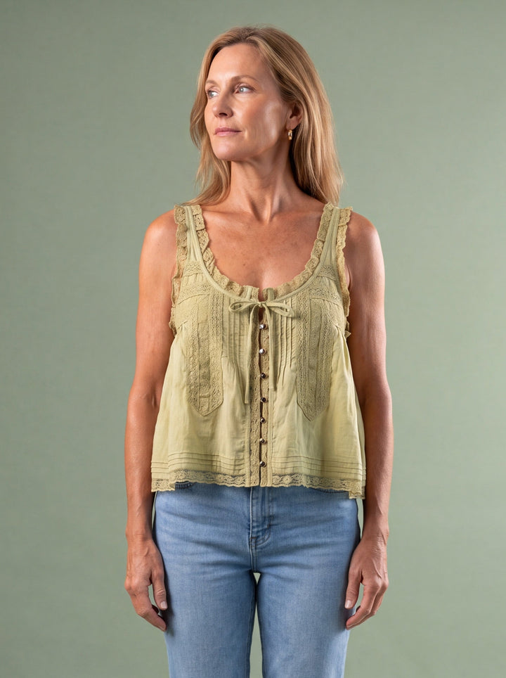 Serenaine | Women's Casual Stretch Lace Trim Tie Front Cami Top — Sage