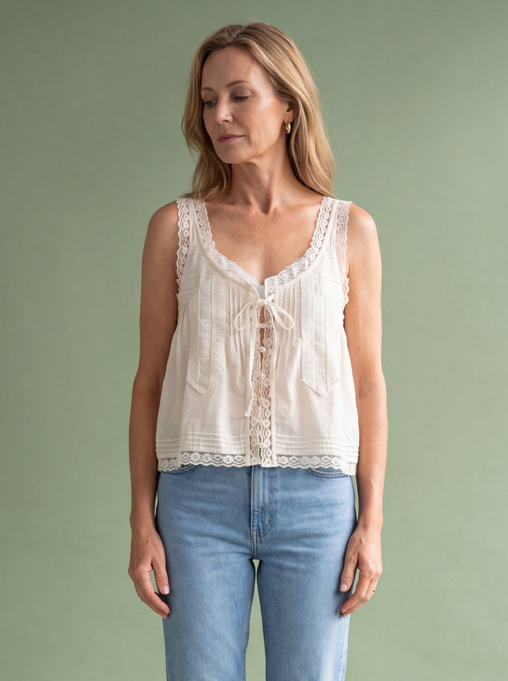 Serenaine | Women's Casual Stretch Lace Trim Tie Front Cami Top — White
