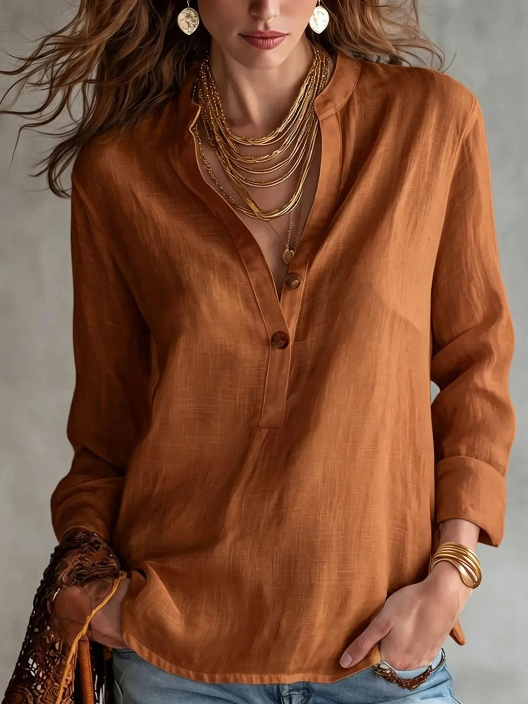 Serenessa | V-Neck Long Sleeve Linen Blend Blouse