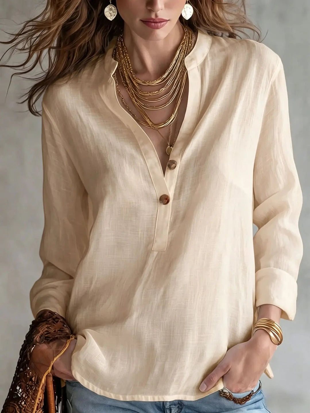 Serenessa | V-Neck Long Sleeve Linen Blend Blouse