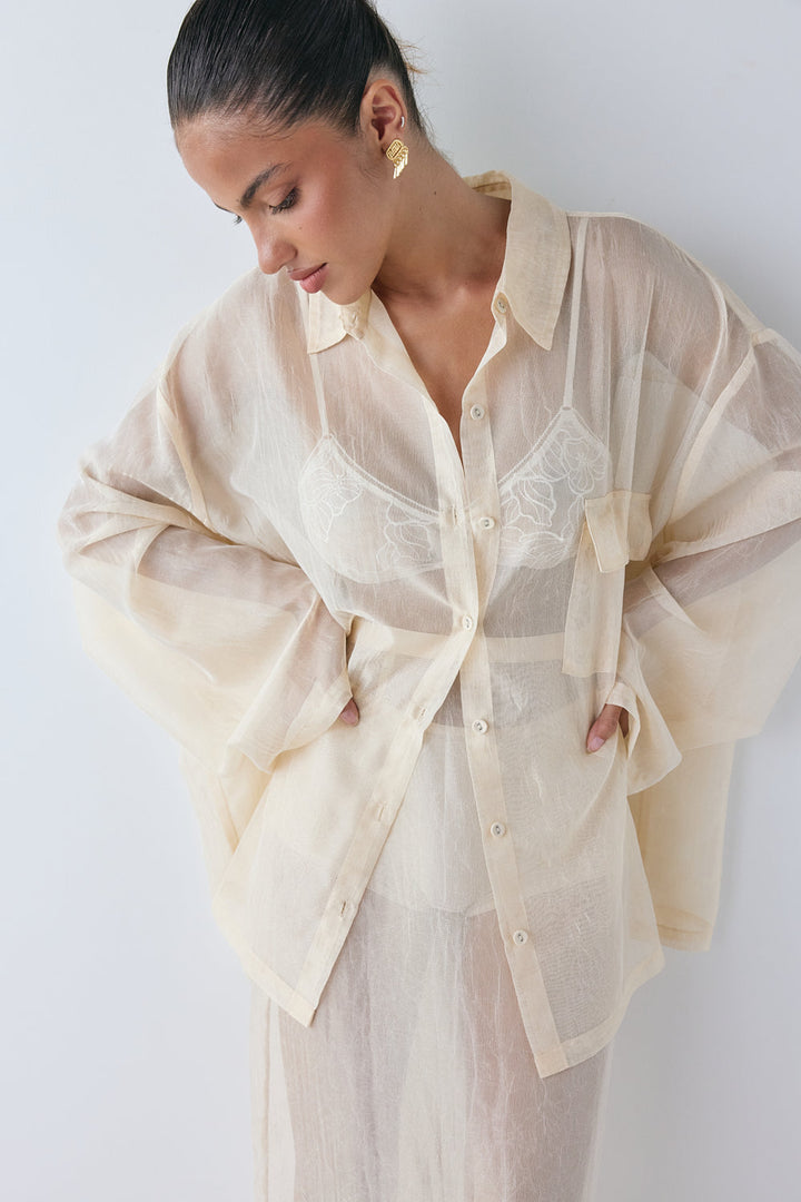 Serlora | Women's Button-Up Casual Sheer Shirt Ecru — 1