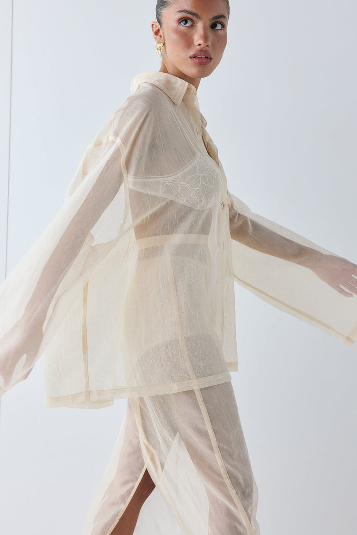 Serlora | Women's Button-Up Casual Sheer Shirt Ecru — 2