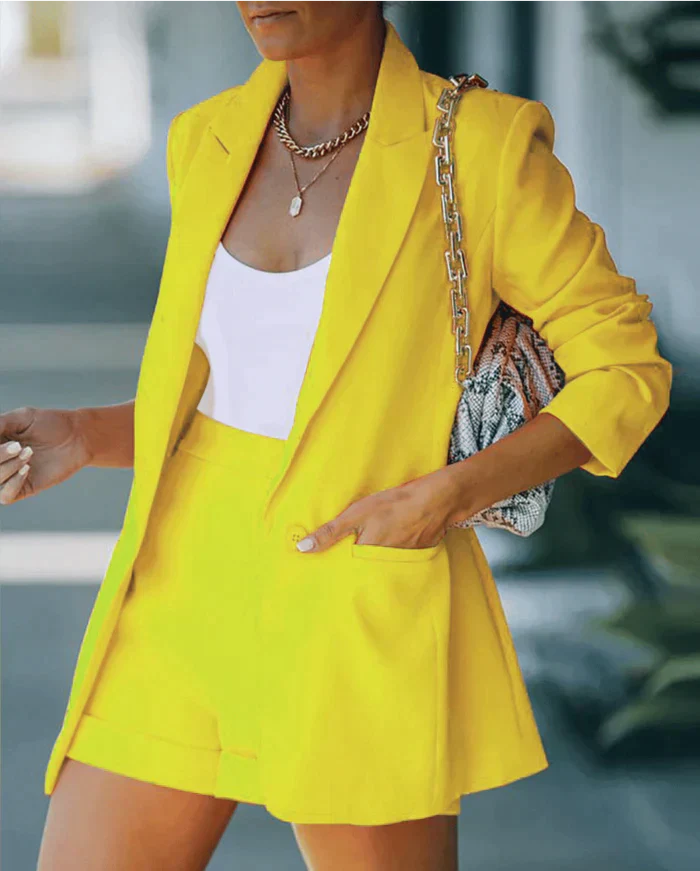 Servia | Women's Two-Piece Matching Blazer & Shorts Co-ord Set — Yellow