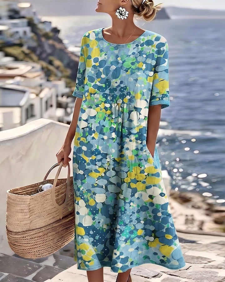 Solanne | Women's Elegant Cotton-Linen Midi Dress — Blue