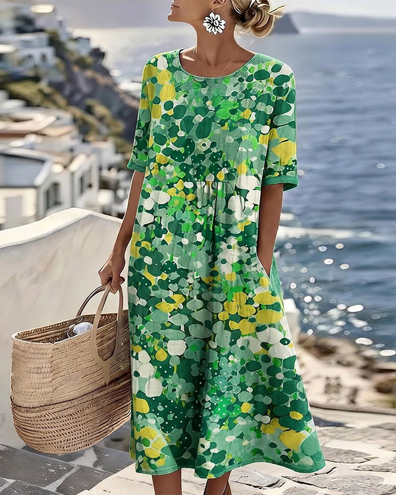 Solanne | Women's Elegant Cotton-Linen Midi Dress — Green