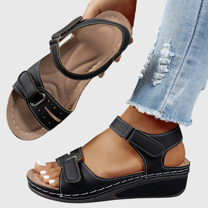 Soldessa | Women's Elegant Comfort Wedge Heel Sandals with Adjustable Buckle — Black