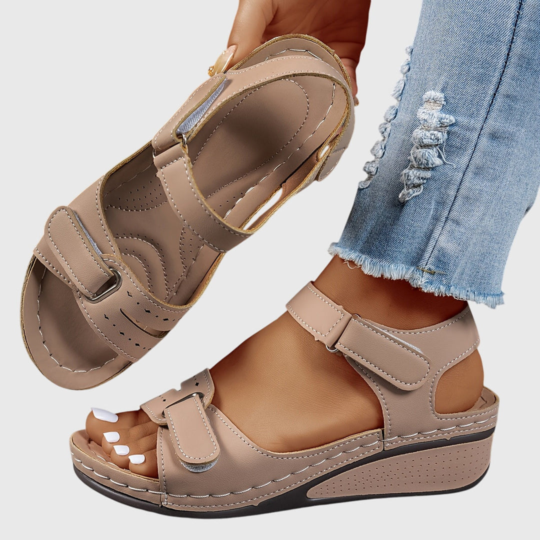 Soldessa | Women's Elegant Comfort Wedge Heel Sandals with Adjustable Buckle — Khaki