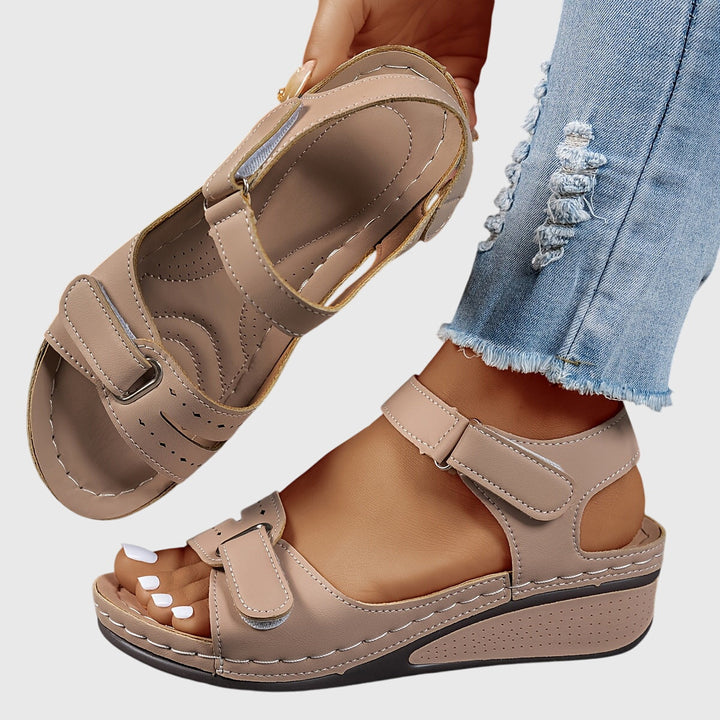 Soldessa | Women's Elegant Comfort Wedge Heel Sandals with Adjustable Buckle — Khaki