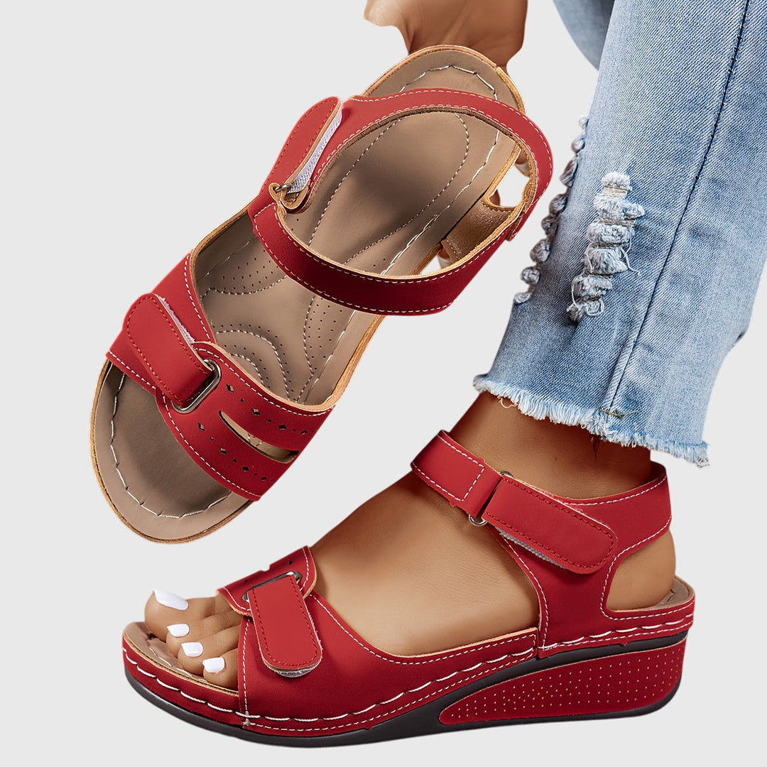 Soldessa | Women's Elegant Comfort Wedge Heel Sandals with Adjustable Buckle — Red