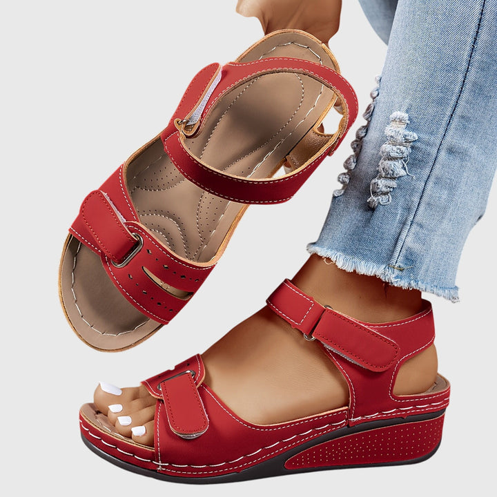 Soldessa | Women's Elegant Comfort Wedge Heel Sandals with Adjustable Buckle — Red