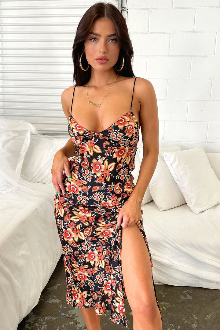 Solria | Women's Elegant Satin Midi Dress - Black Floral — 1