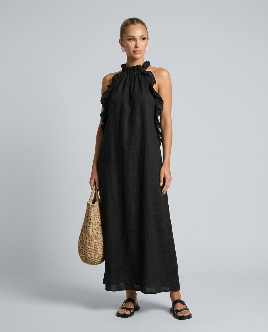 Sophie | Women's Wedding Guest Elegant Linen-Blend Maxi Dress with Ruffle Details Dresses — Black