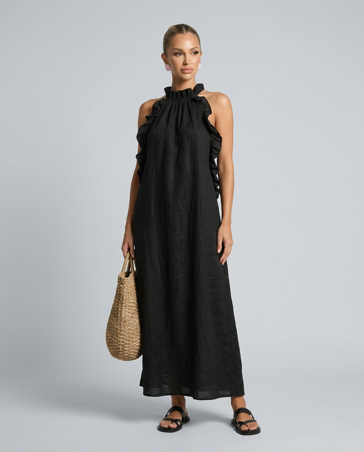 Sophie | Women's Wedding Guest Elegant Linen-Blend Maxi Dress with Ruffle Details Dresses — Black