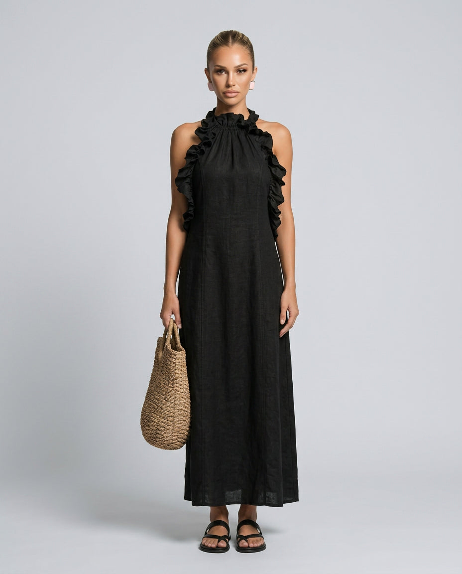 Sophie | Women's Wedding Guest Elegant Linen-Blend Maxi Dress with Ruffle Details Dresses — 3