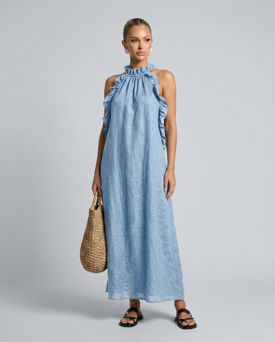 Sophie | Women's Wedding Guest Elegant Linen-Blend Maxi Dress with Ruffle Details Dresses — Light Blue