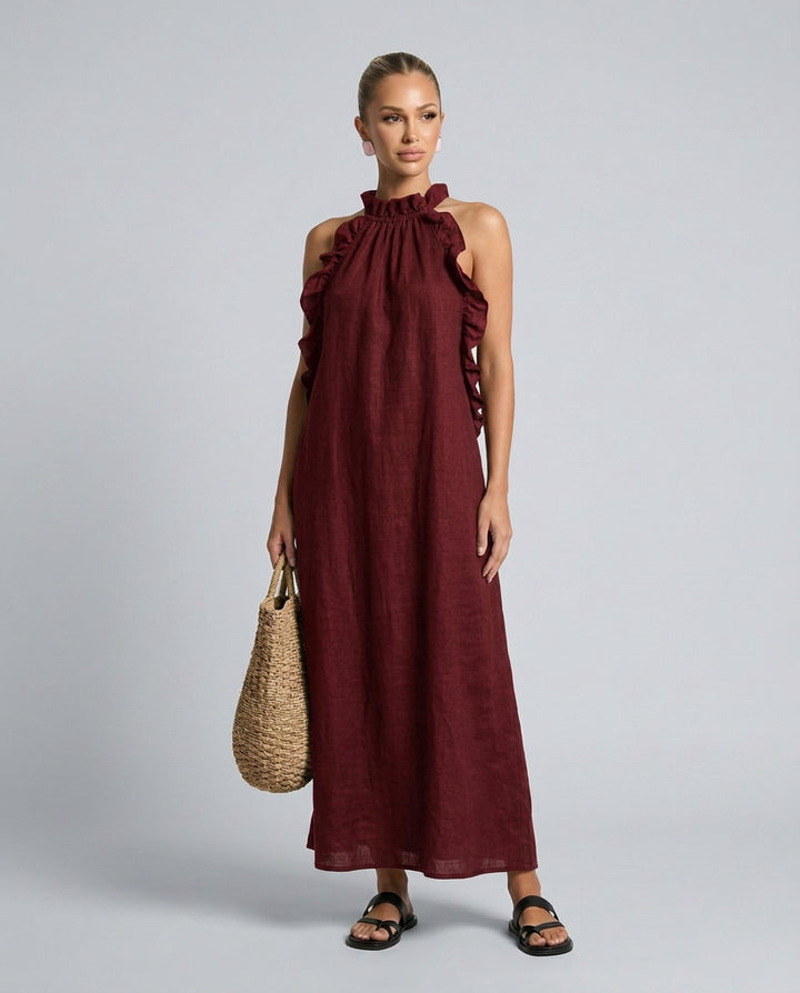 Sophie | Women's Wedding Guest Elegant Linen-Blend Maxi Dress with Ruffle Details Dresses — Red