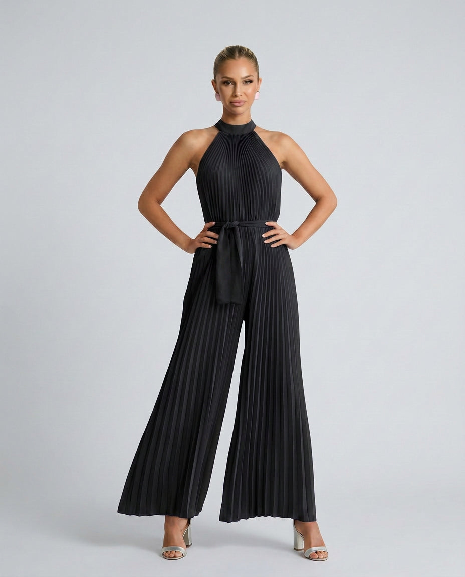 Talia | Women's Elegant Pleated Jumpsuit with Wide-Leg Trousers — Black