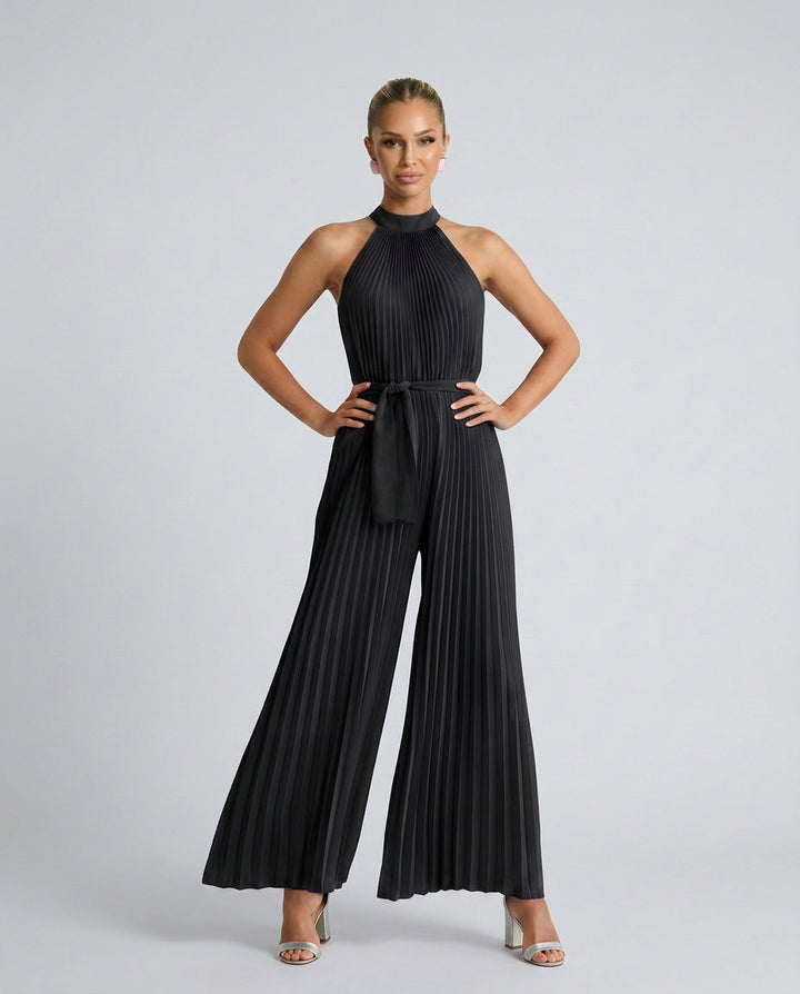 Talia | Women's Elegant Pleated Jumpsuit with Wide-Leg Trousers — Black